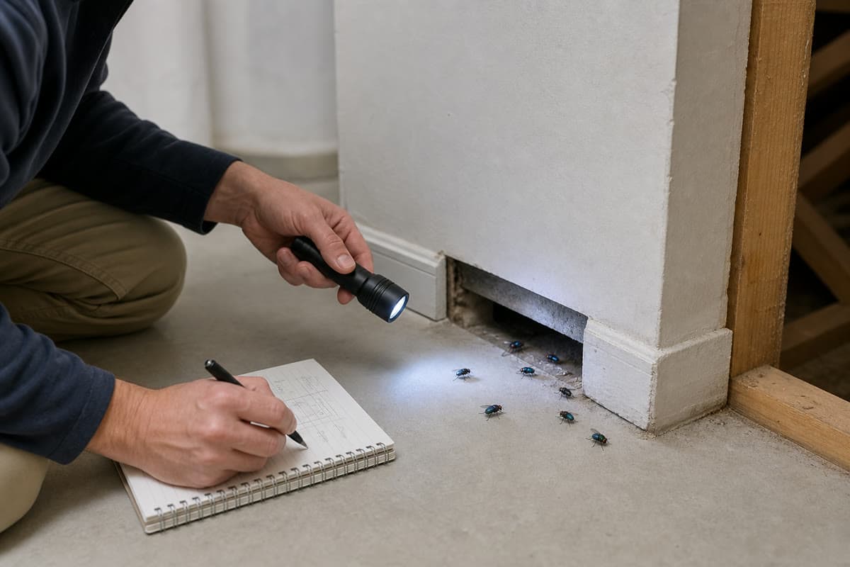Inspector tracing metallic blow flies to a gap at the base of an interior wall