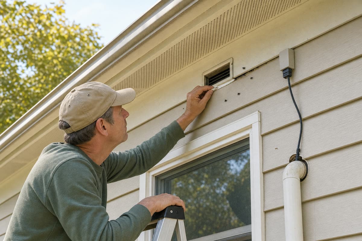 Exterior inspection and sealing around an upper wall vent before cluster flies enter for winter