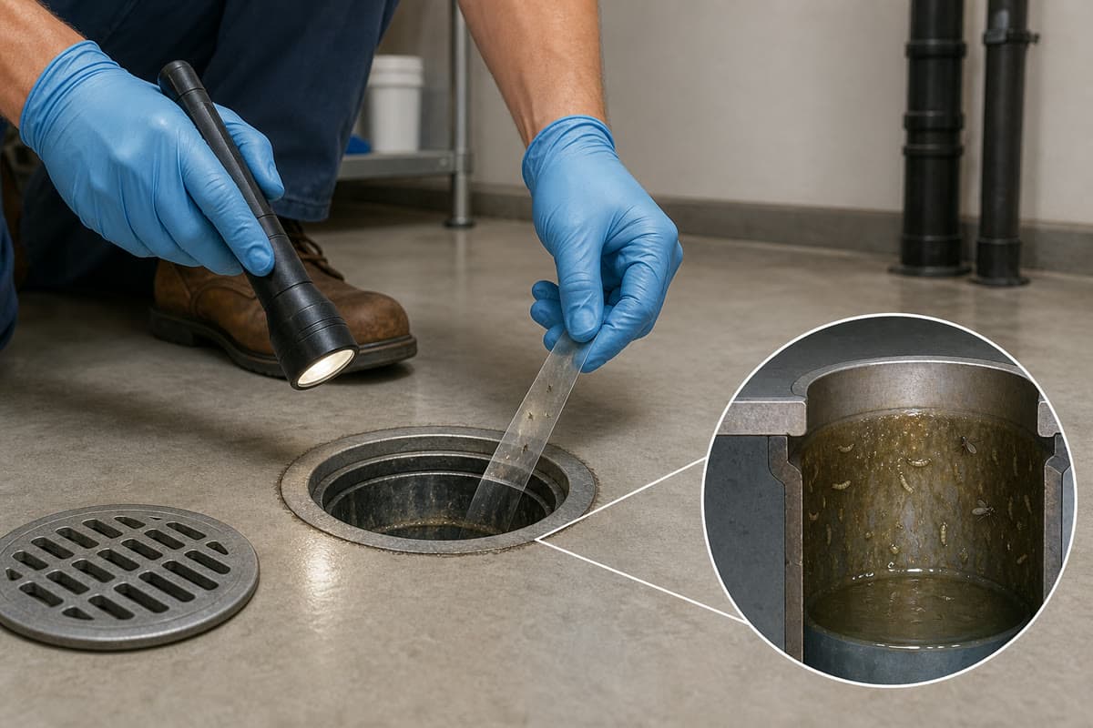 Gloved inspector checking a floor drain and organic film for drain fly activity