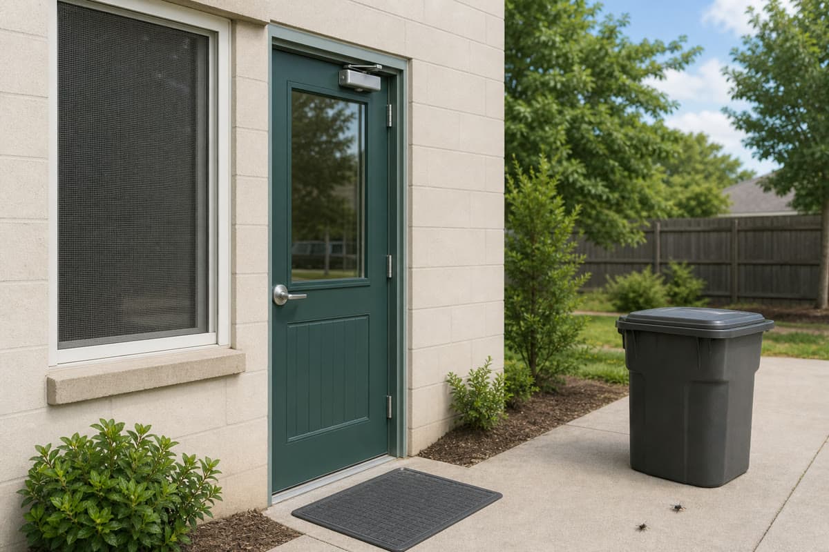 Closed door, intact window screen, and lidded waste container positioned away from an entrance