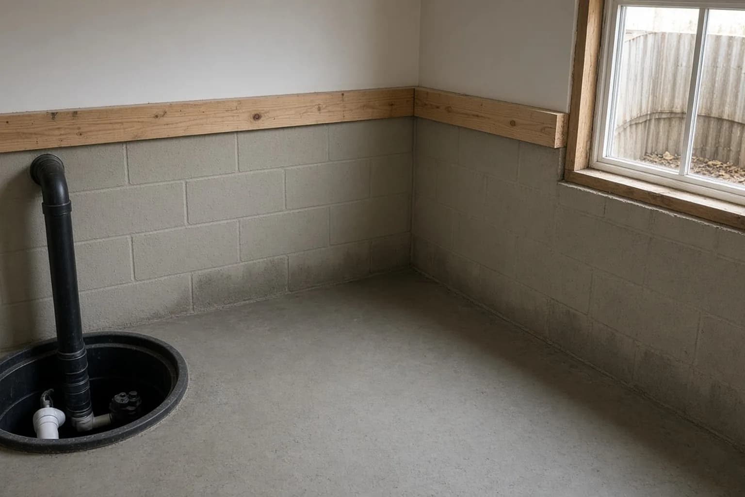 Basement corner showing sump pit, sill plate and window well