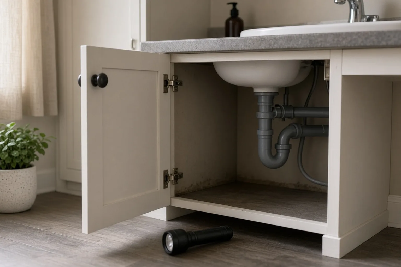 Bathroom vanity with cabinet open showing under-sink plumbing