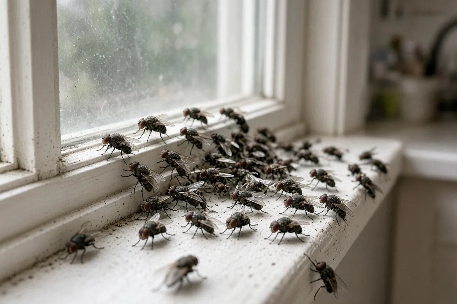 House flies clustered on a kitchen window sill