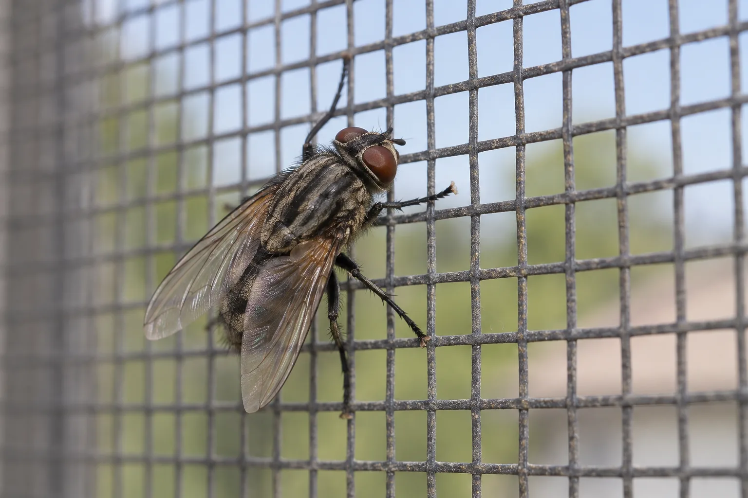 House fly resting on a window screen